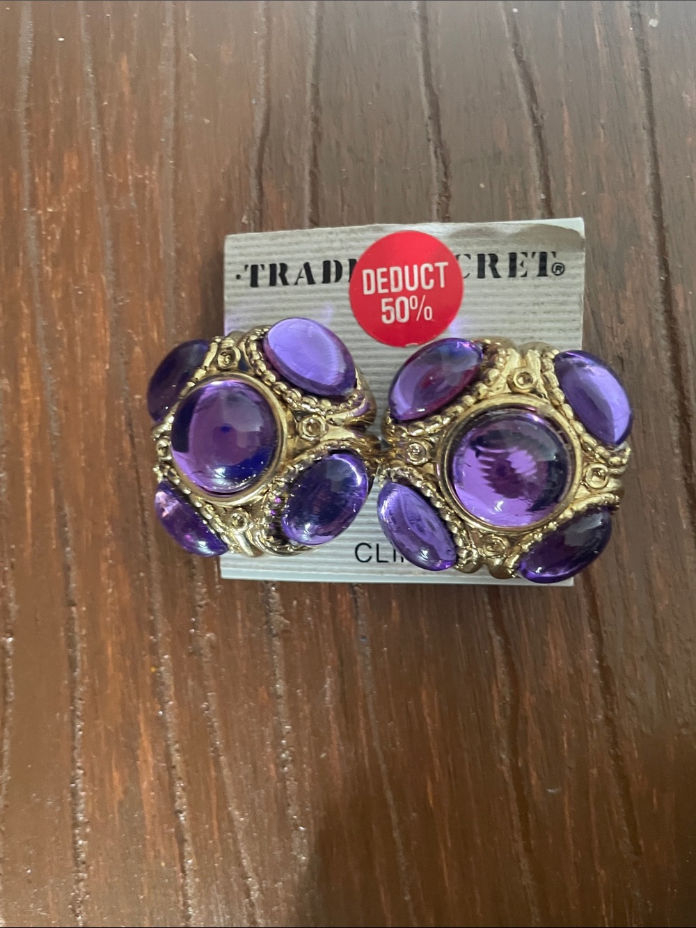 Purple Cabochon Clip-On Earrings in Gold Tone
